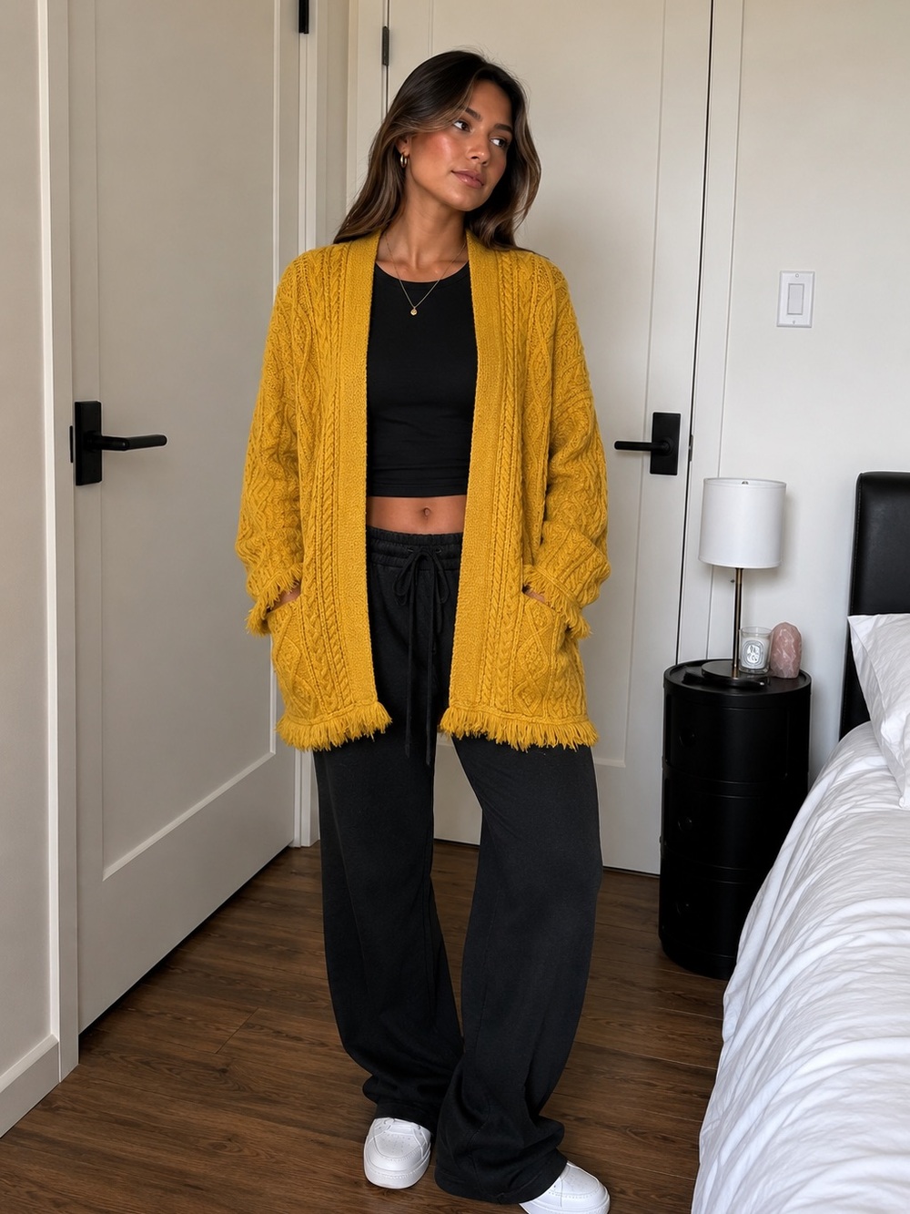 Woven Heart Cable-Knit Open Cardigan in Mustard-Never Worn! Size Large